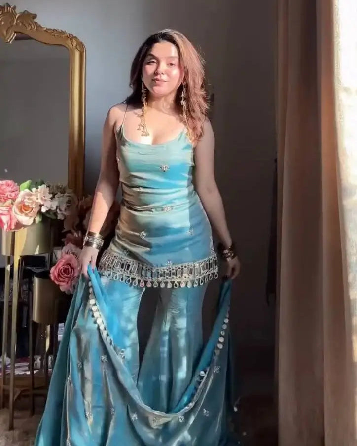 Designer Fendy Silk Mirror Work Sharara Set for Festive and Party Wear