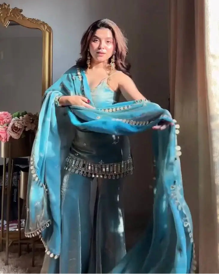 Designer Fendy Silk Mirror Work Sharara Set for Festive and Party Wear