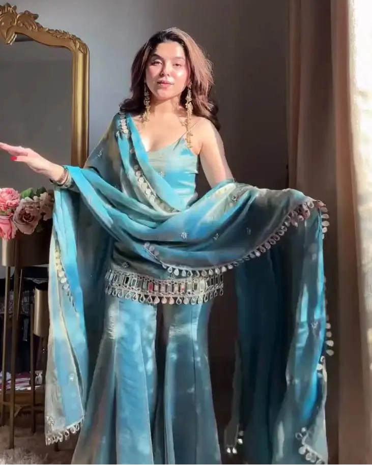 Designer Fendy Silk Mirror Work Sharara Set for Festive and Party Wear