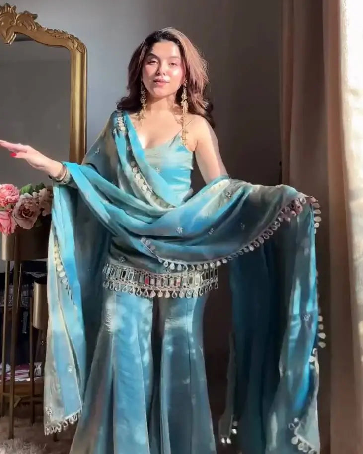 Designer Fendy Silk Mirror Work Sharara Set for Festive and Party Wear