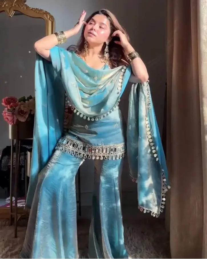 Designer Fendy Silk Mirror Work Sharara Set for Festive and Party Wear