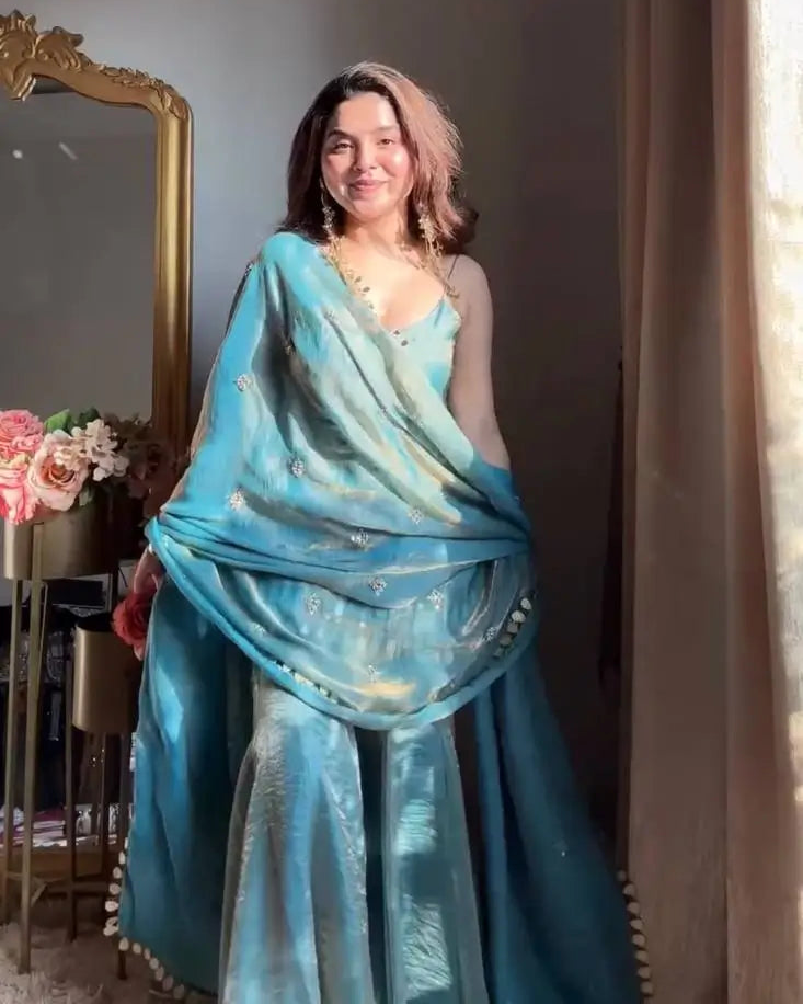 Designer Fendy Silk Mirror Work Sharara Set for Festive and Party Wear