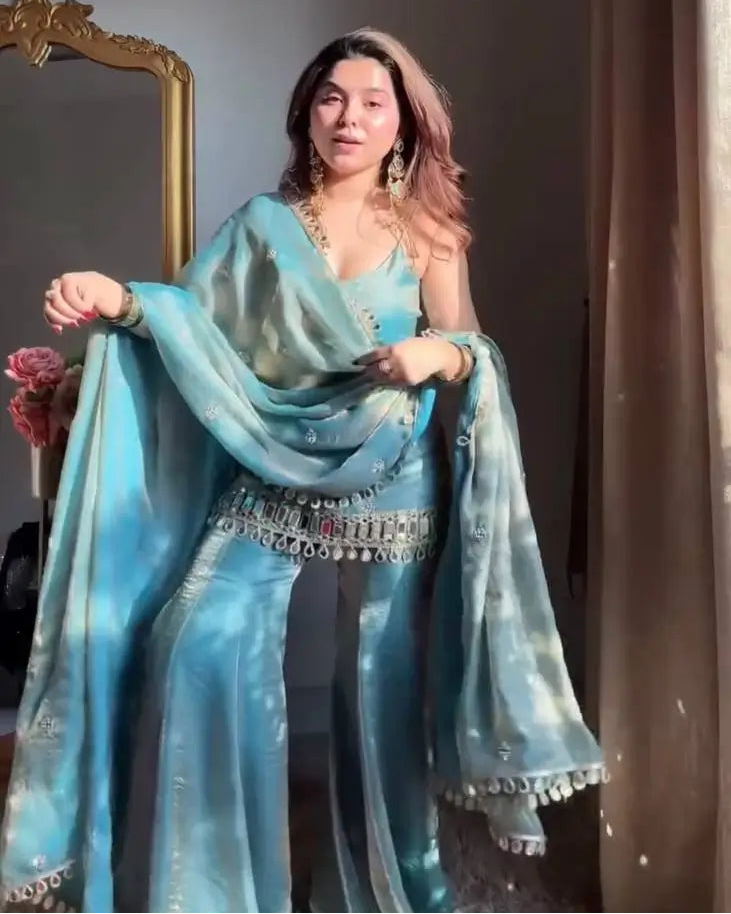 Designer Fendy Silk Mirror Work Sharara Set for Festive and Party Wear