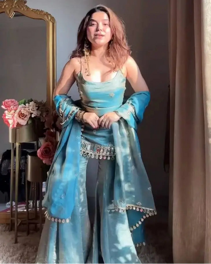 Designer Fendy Silk Mirror Work Sharara Set for Festive and Party Wear