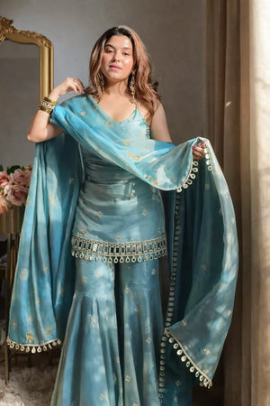Designer Fendy Silk Mirror Work Sharara Set for Festive and Party Wear