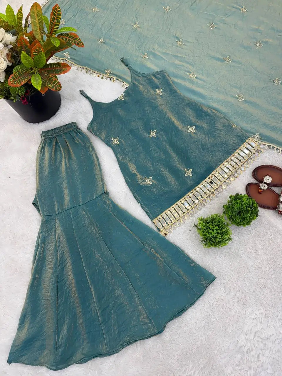 Designer Fendy Silk Mirror Work Sharara Set for Festive and Party Wear