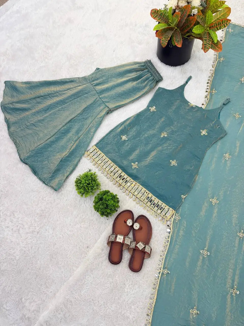 Designer Fendy Silk Mirror Work Sharara Set for Festive and Party Wear