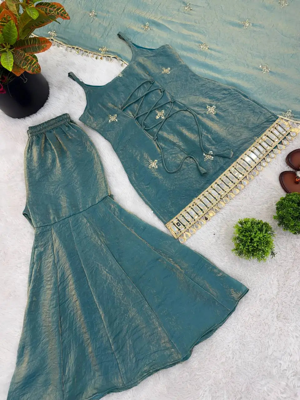 Designer Fendy Silk Mirror Work Sharara Set for Festive and Party Wear