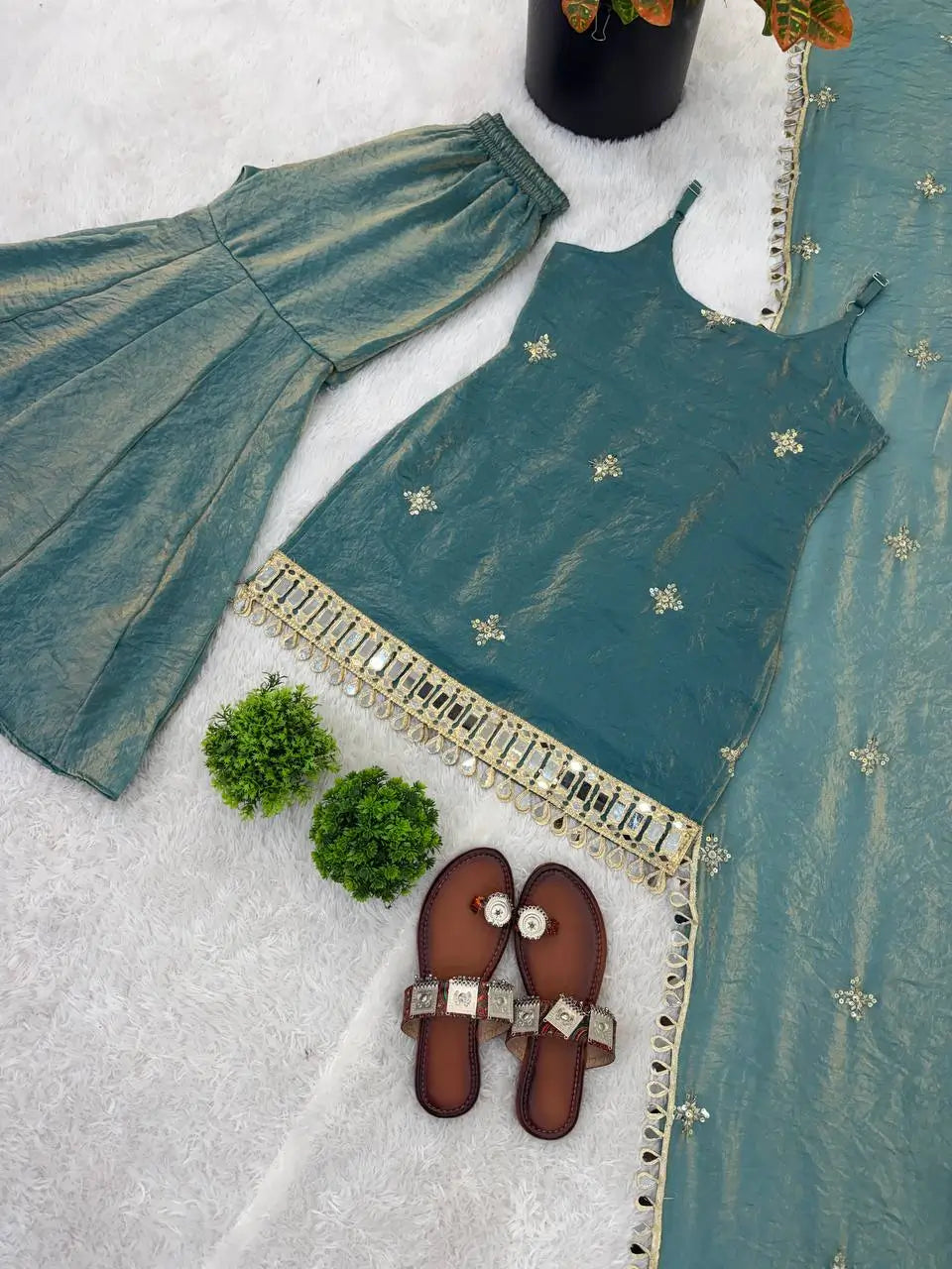 Designer Fendy Silk Mirror Work Sharara Set for Festive and Party Wear