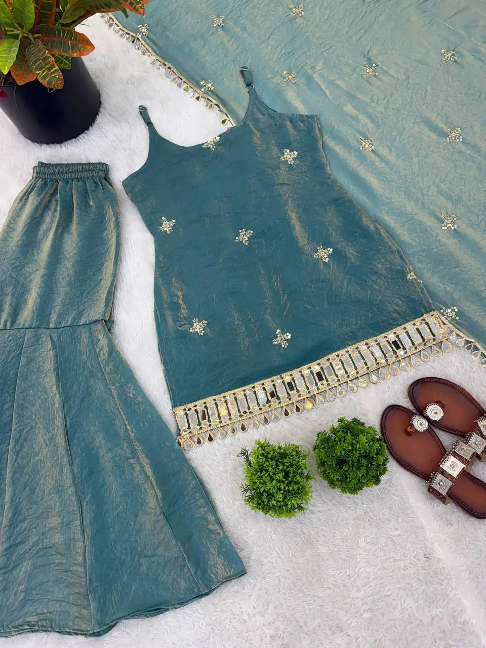 Designer Fendy Silk Mirror Work Sharara Set for Festive and Party Wear