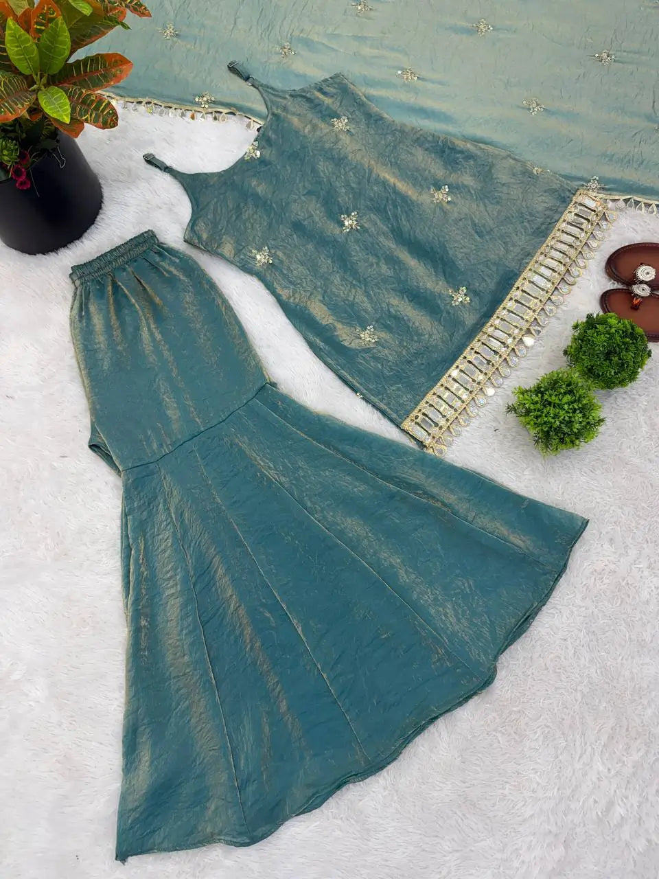 Designer Fendy Silk Mirror Work Sharara Set for Festive and Party Wear