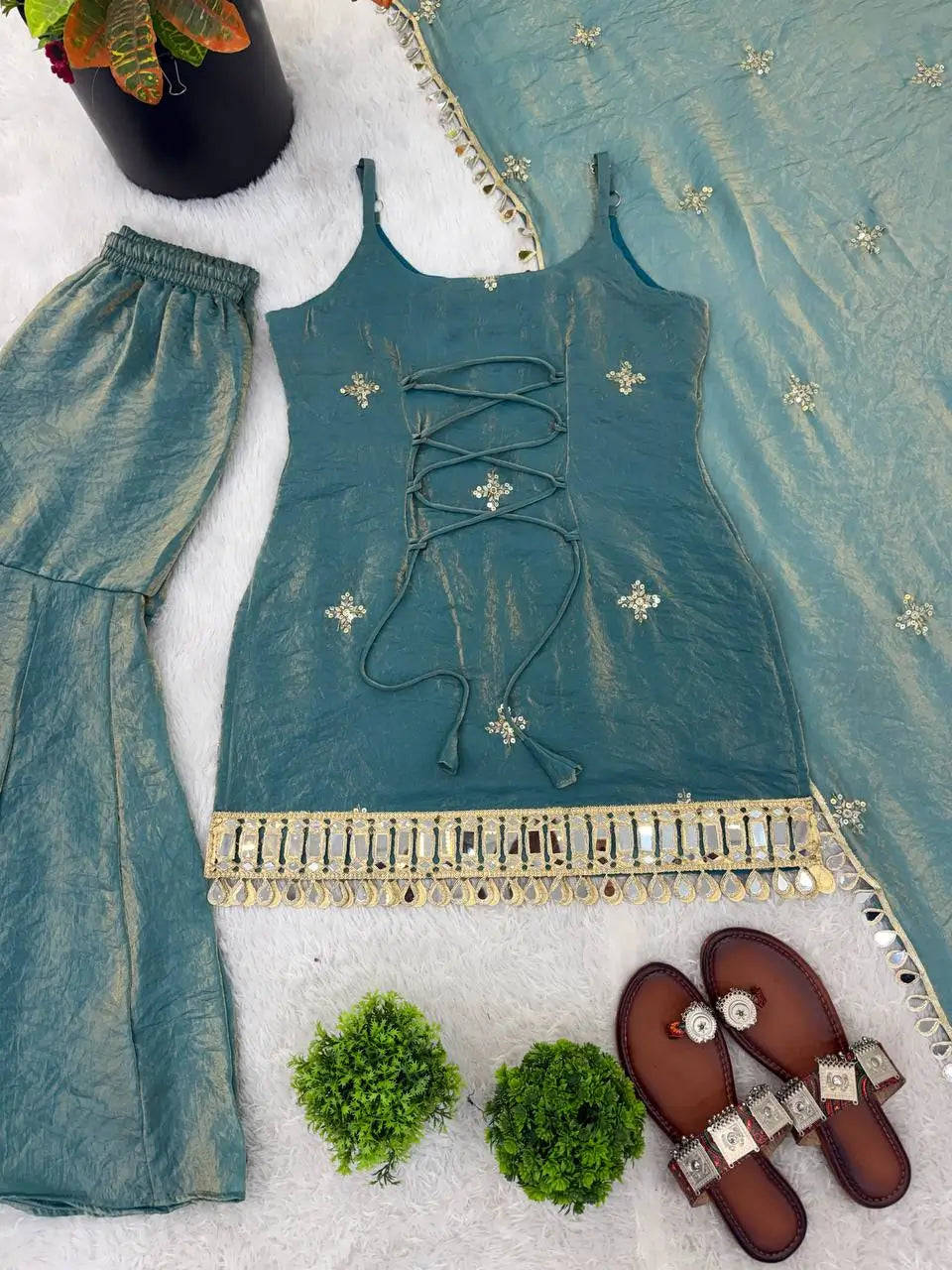 Designer Fendy Silk Mirror Work Sharara Set for Festive and Party Wear