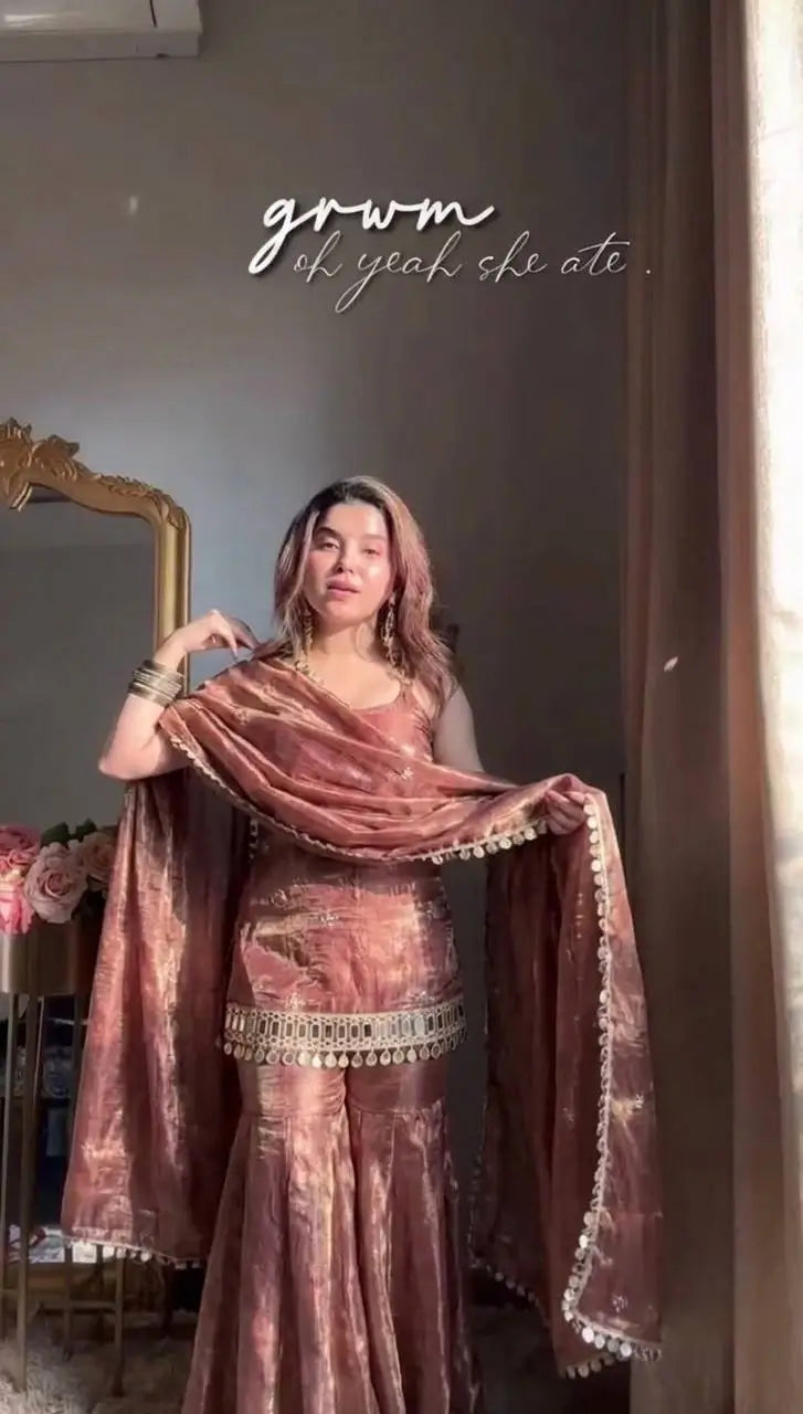 Designer Fendy Silk Mirror Work Sharara Set for Festive and Party Wear