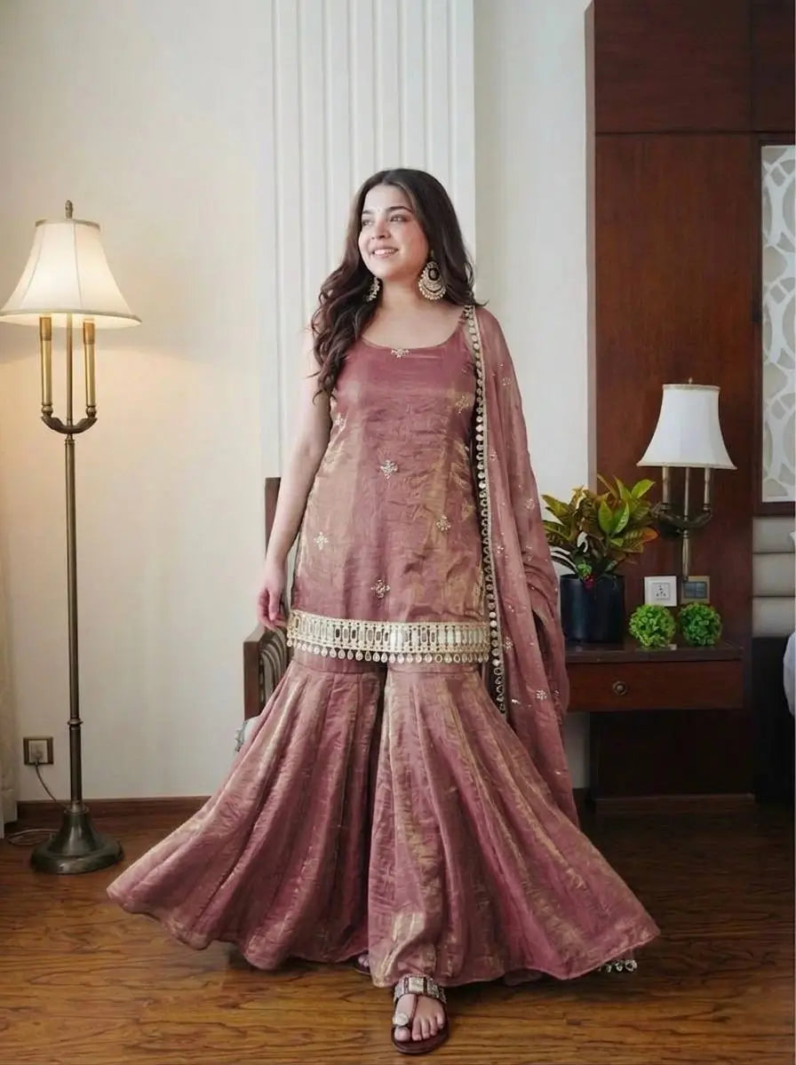 Designer Fendy Silk Mirror Work Sharara Set for Festive and Party Wear