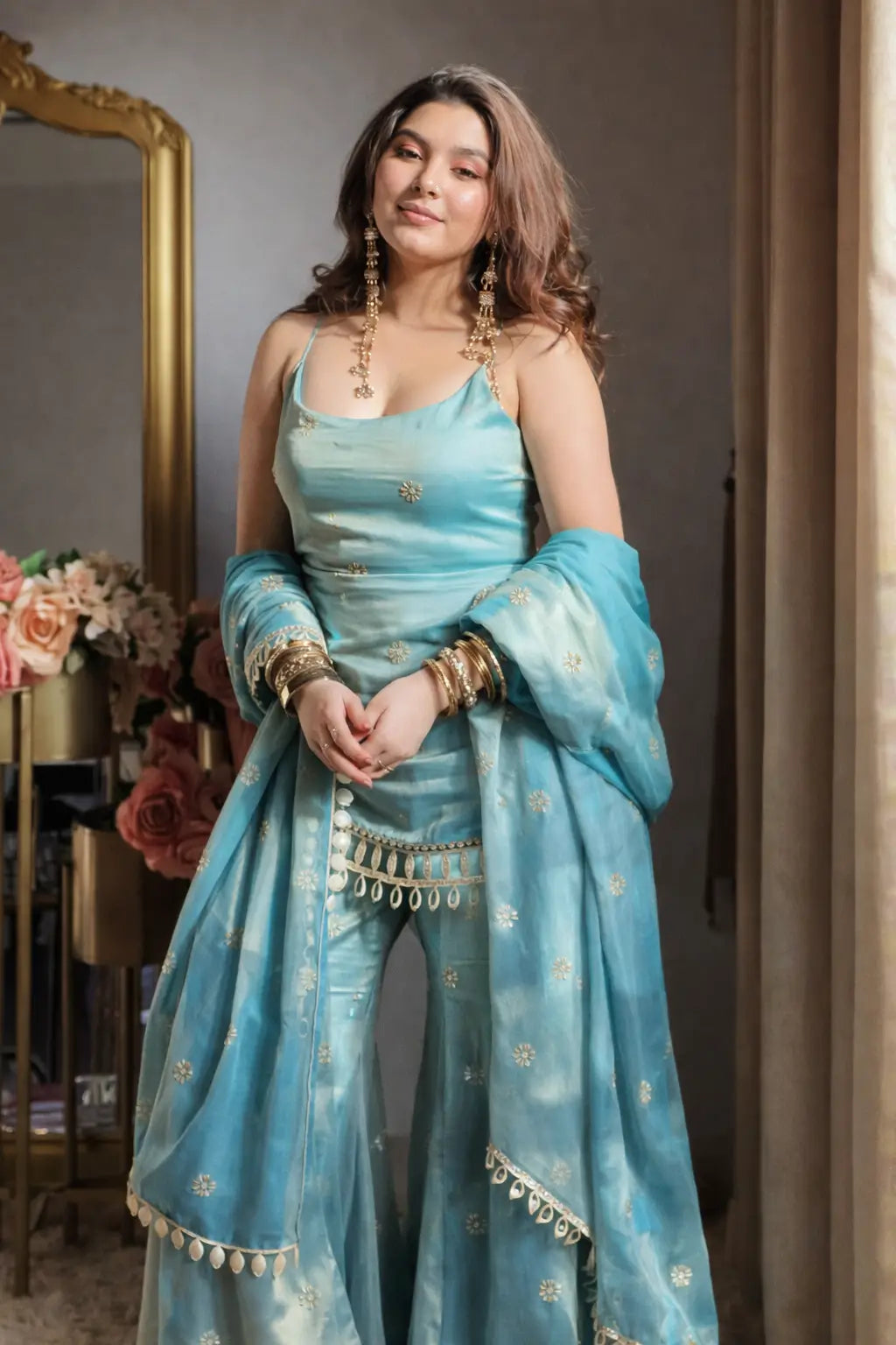 Designer Fendy Silk Mirror Work Sharara Set for Festive and Party Wear