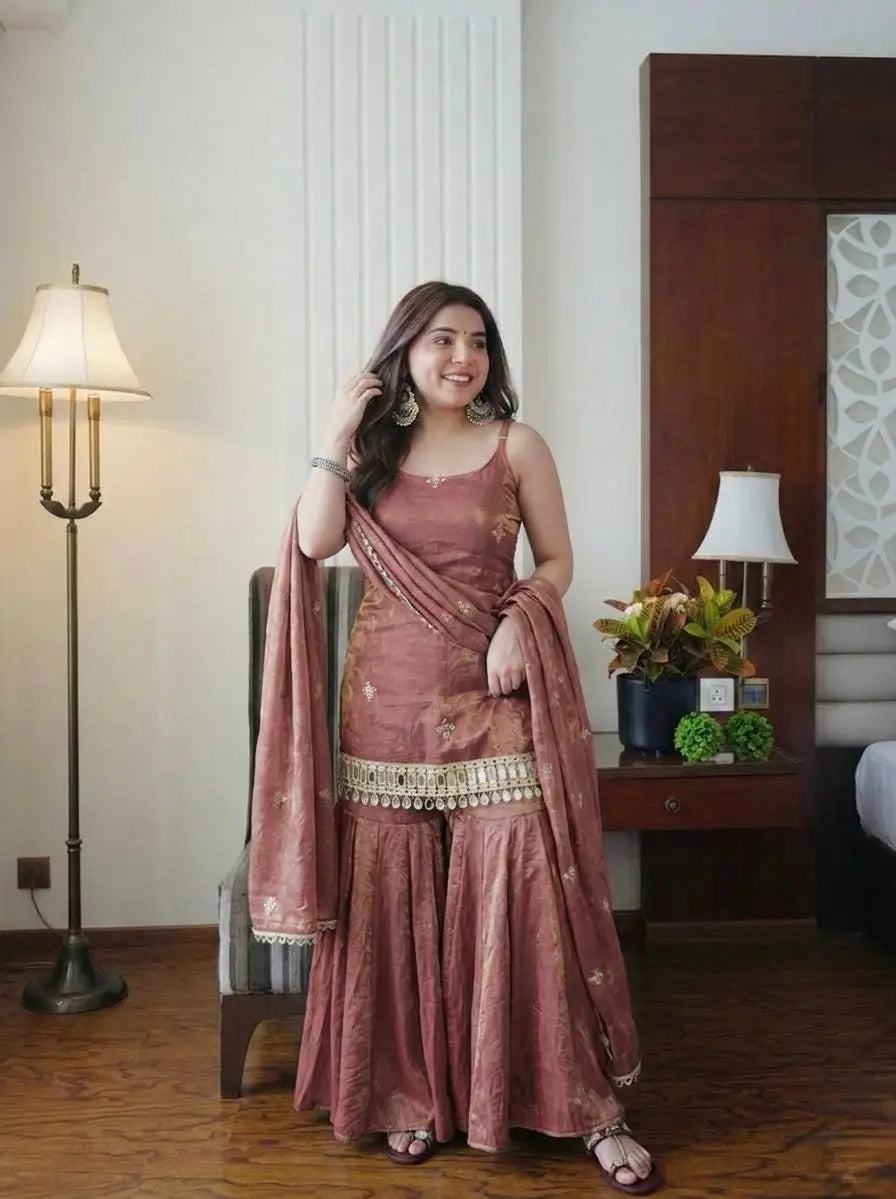 Designer Fendy Silk Mirror Work Sharara Set for Festive and Party Wear