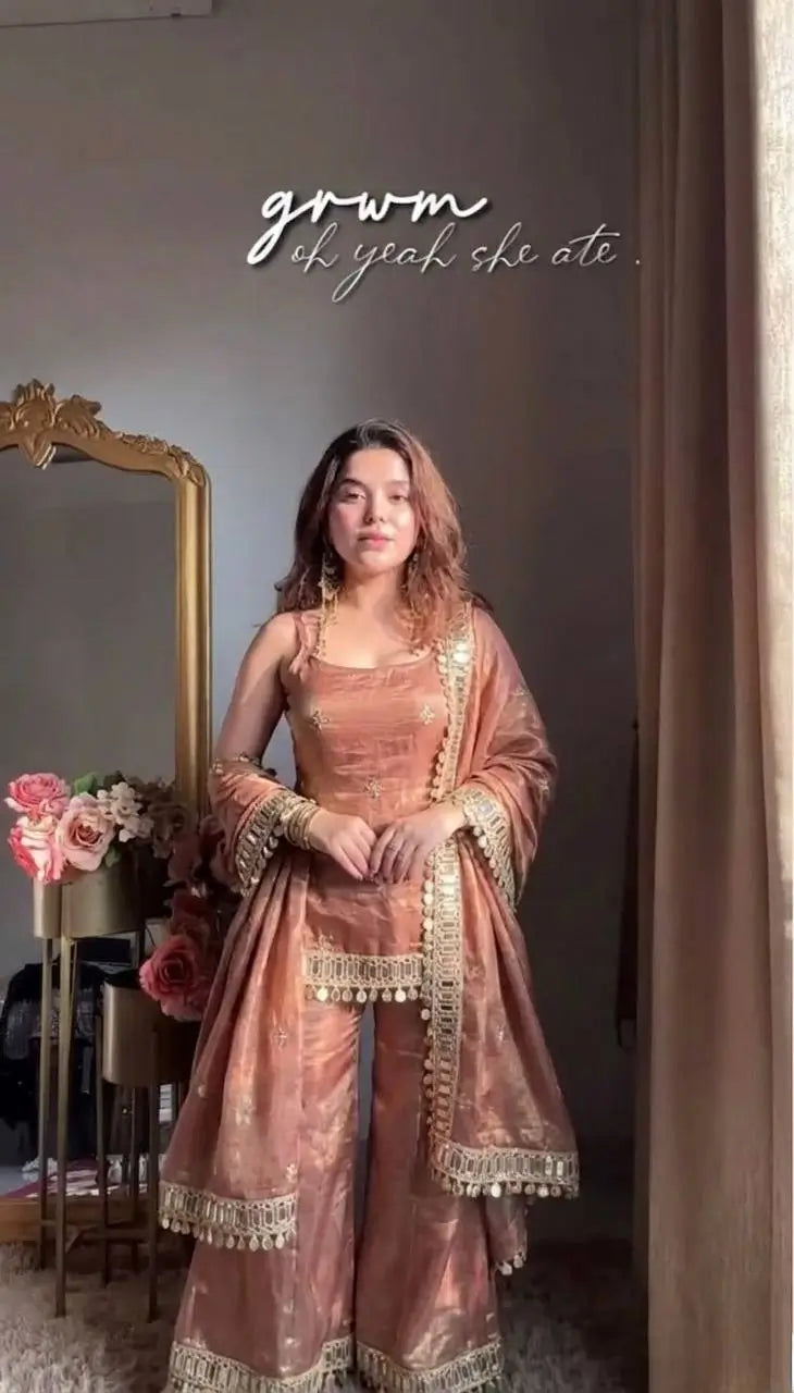 Designer Fendy Silk Mirror Work Sharara Set for Festive and Party Wear