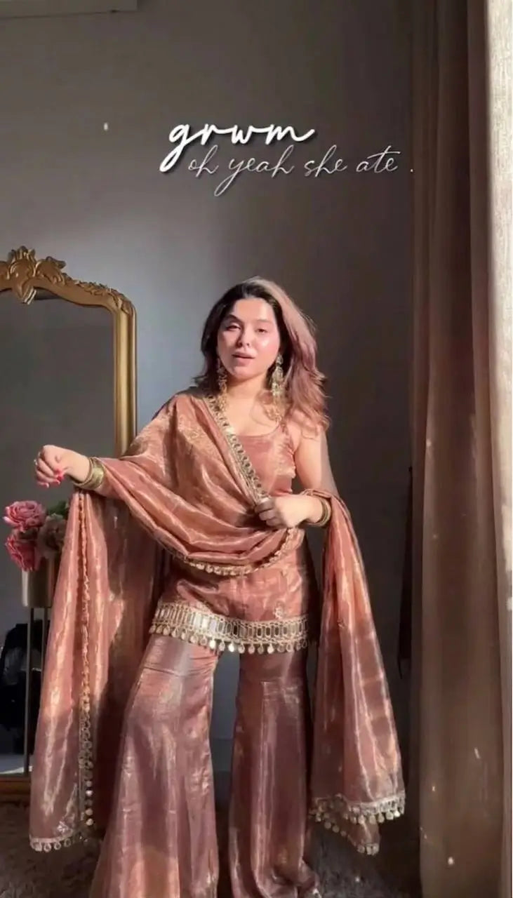 Designer Fendy Silk Mirror Work Sharara Set for Festive and Party Wear