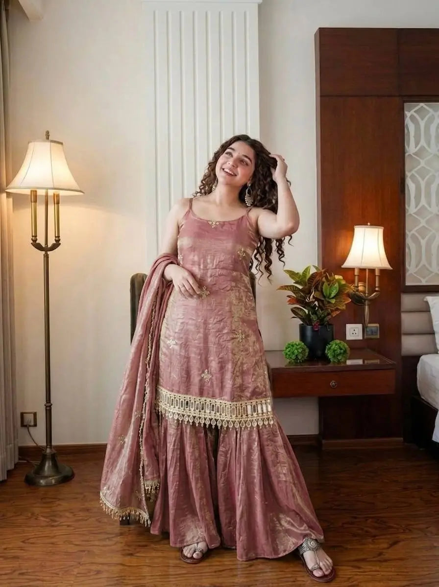 Designer Fendy Silk Mirror Work Sharara Set for Festive and Party Wear