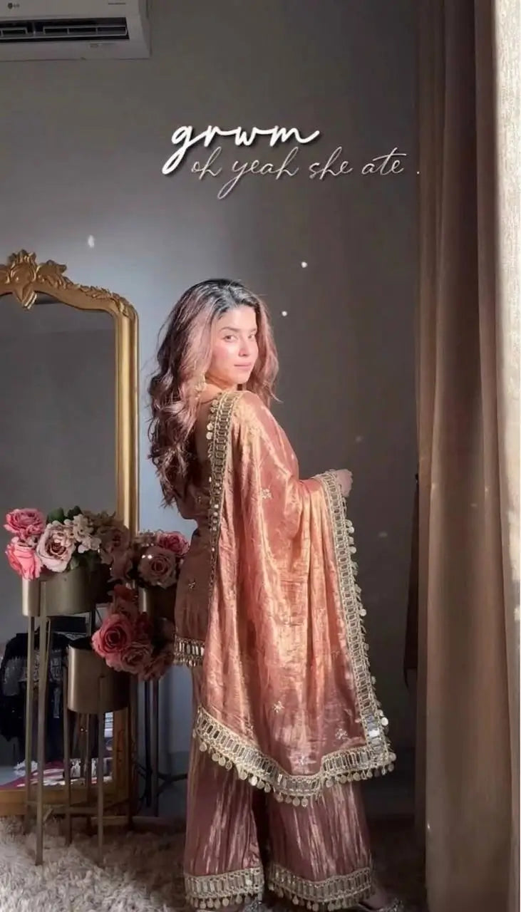 Designer Fendy Silk Mirror Work Sharara Set for Festive and Party Wear