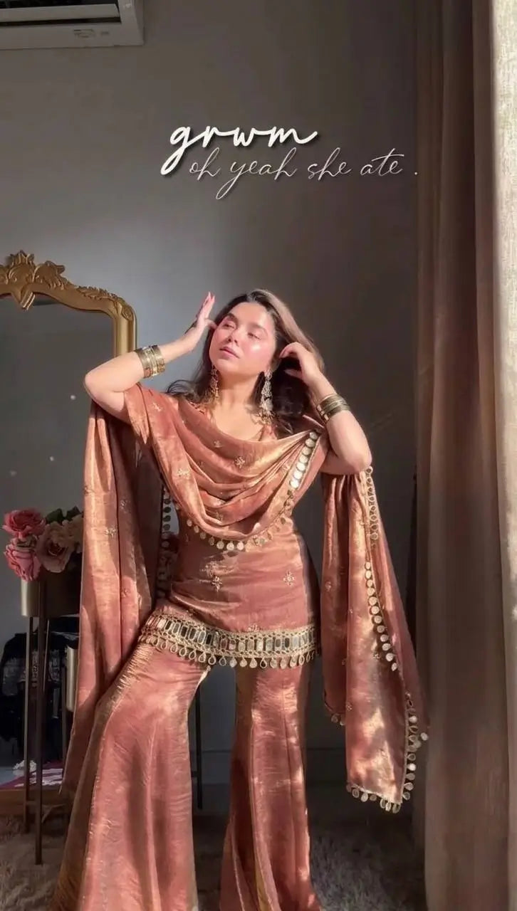 Designer Fendy Silk Mirror Work Sharara Set for Festive and Party Wear