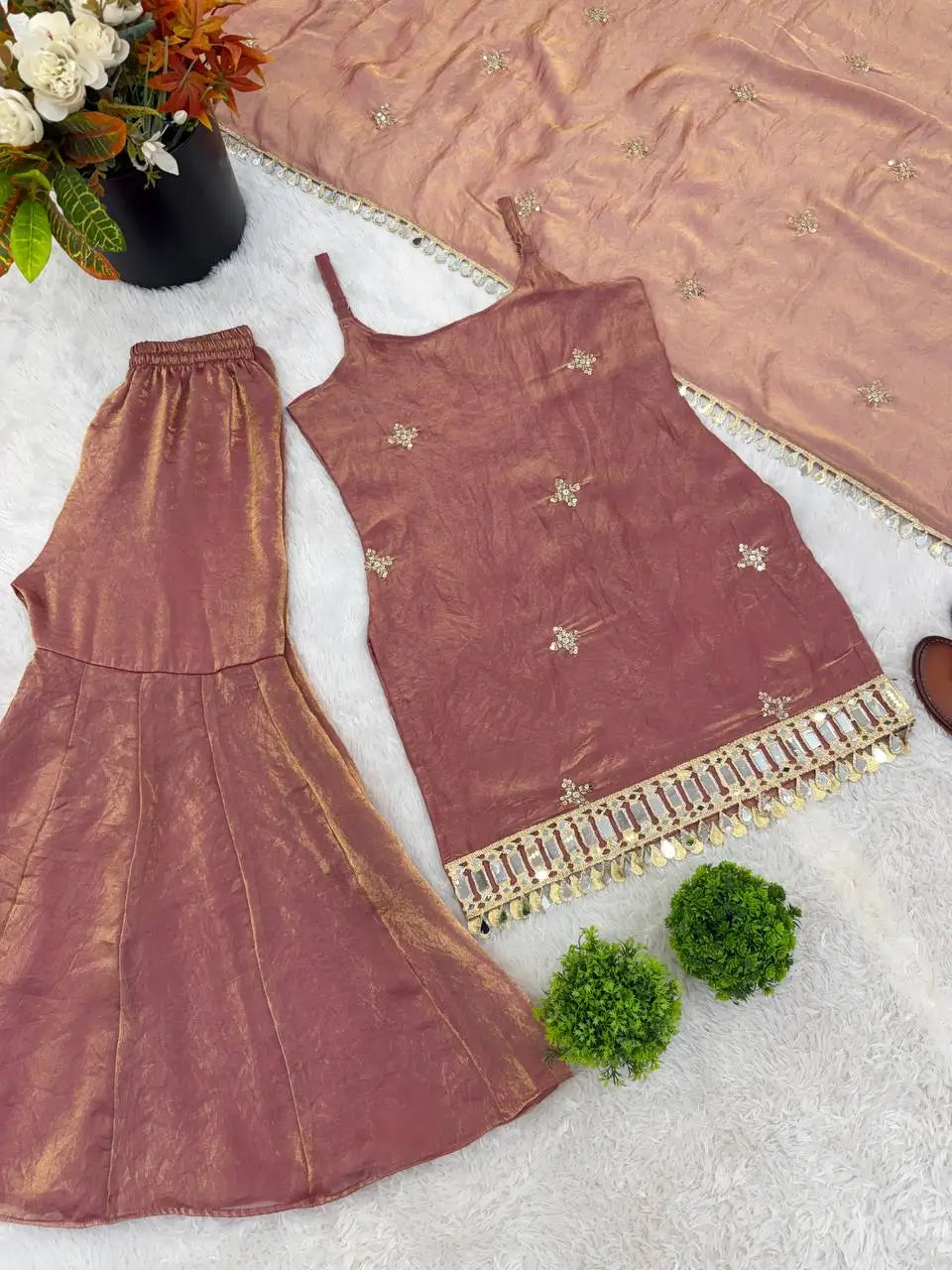 Designer Fendy Silk Mirror Work Sharara Set for Festive and Party Wear
