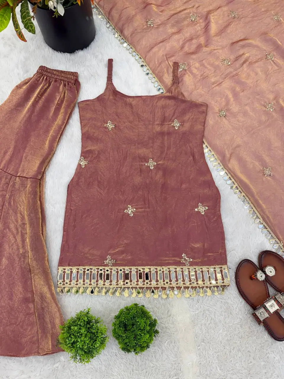 Designer Fendy Silk Mirror Work Sharara Set for Festive and Party Wear