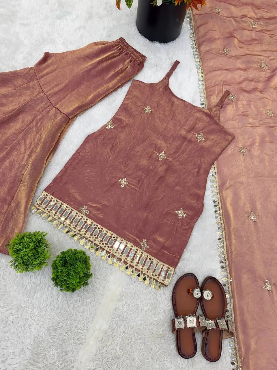 Designer Fendy Silk Mirror Work Sharara Set for Festive and Party Wear