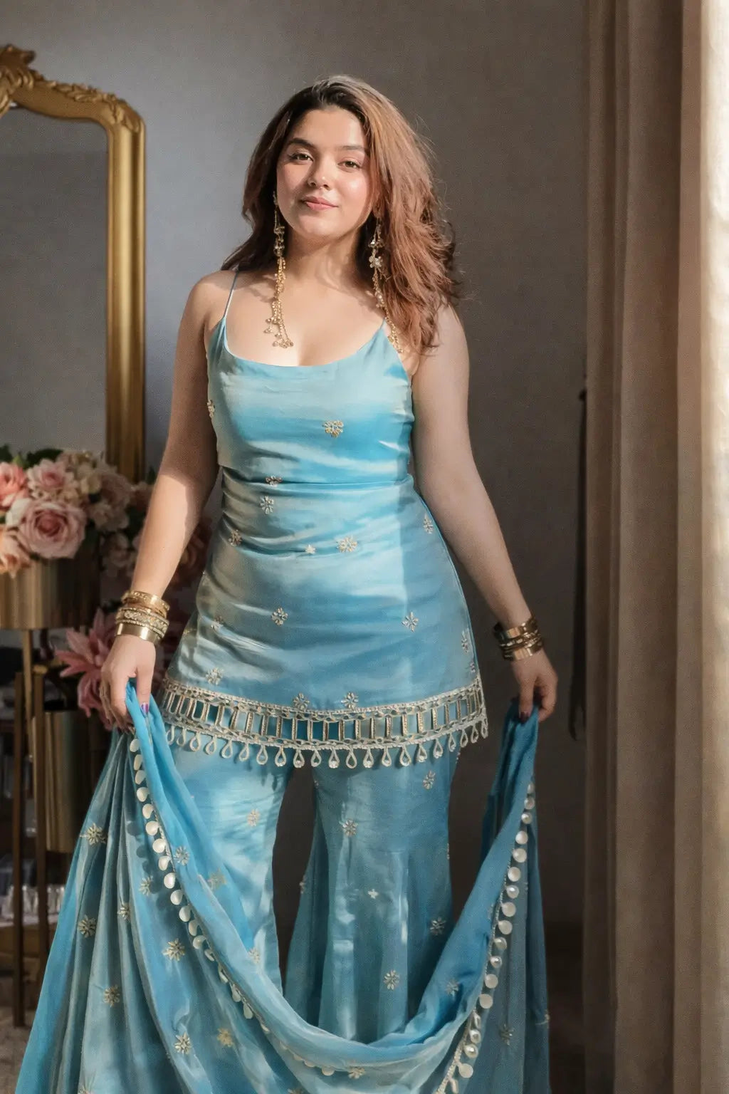 Designer Fendy Silk Mirror Work Sharara Set for Festive and Party Wear