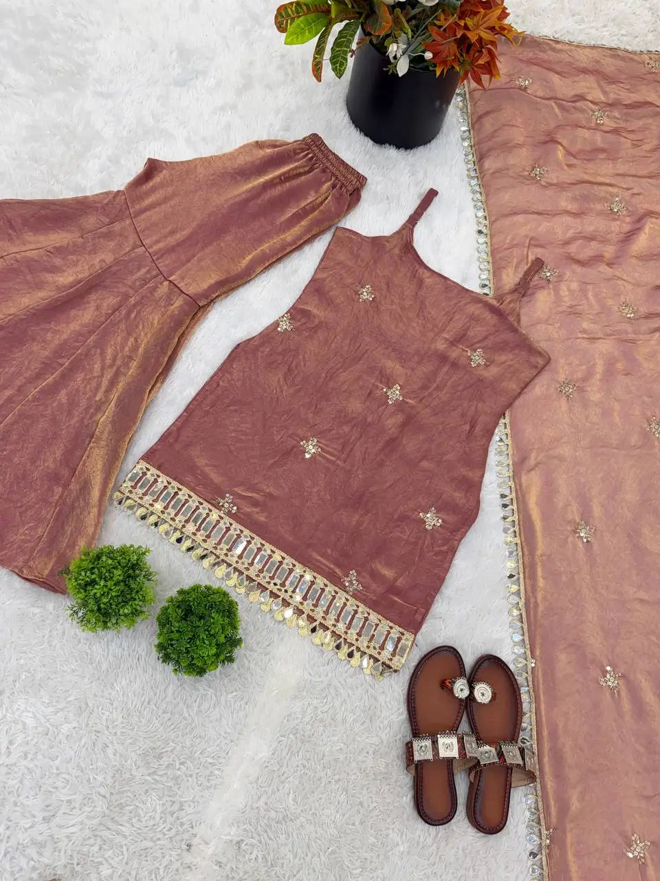 Designer Fendy Silk Mirror Work Sharara Set for Festive and Party Wear