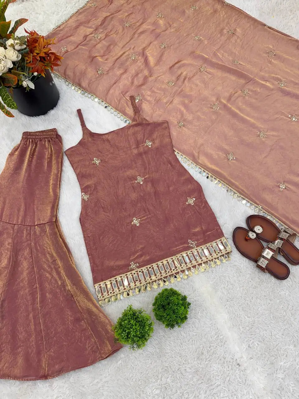 Designer Fendy Silk Mirror Work Sharara Set for Festive and Party Wear
