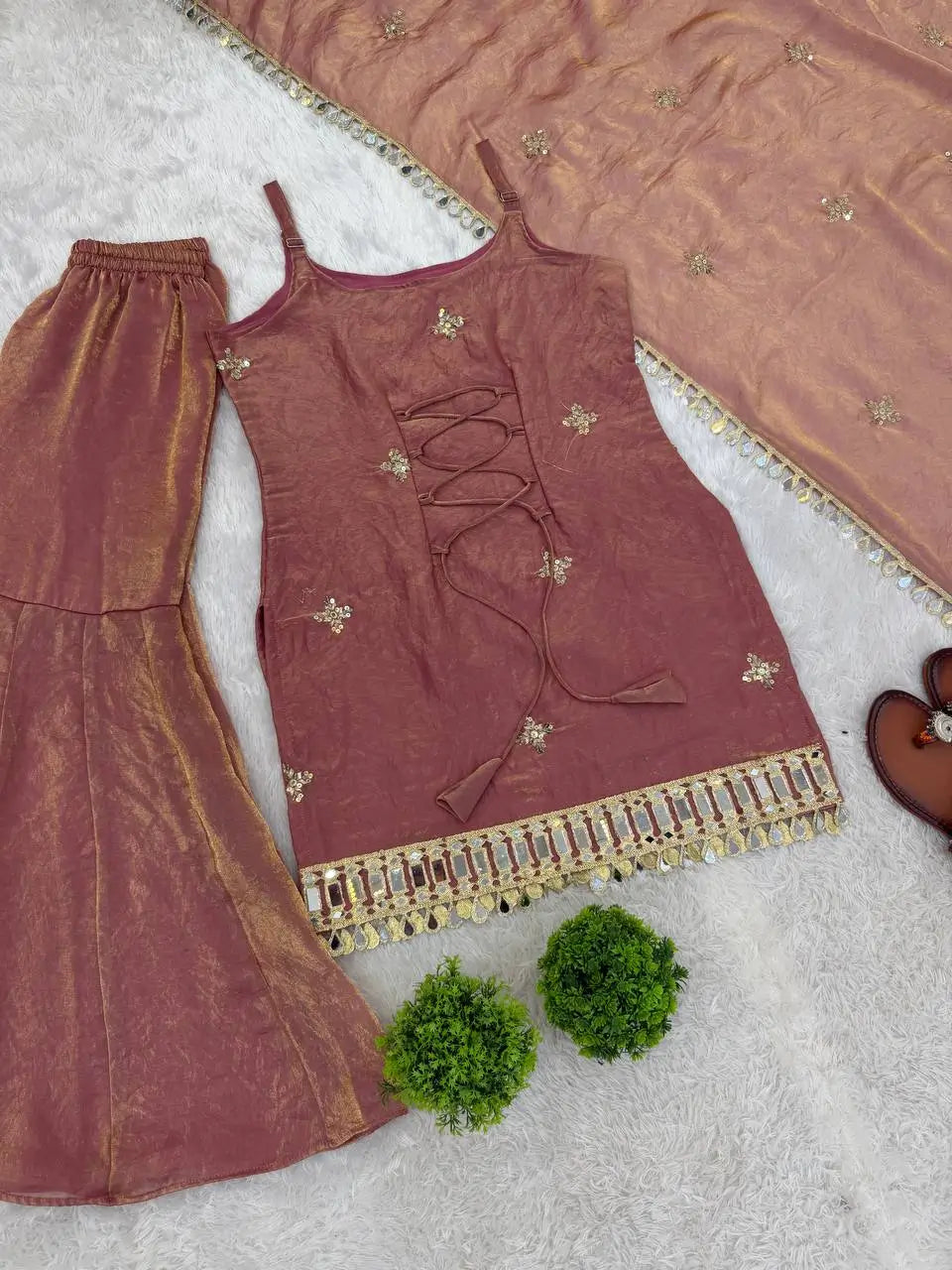 Designer Fendy Silk Mirror Work Sharara Set for Festive and Party Wear