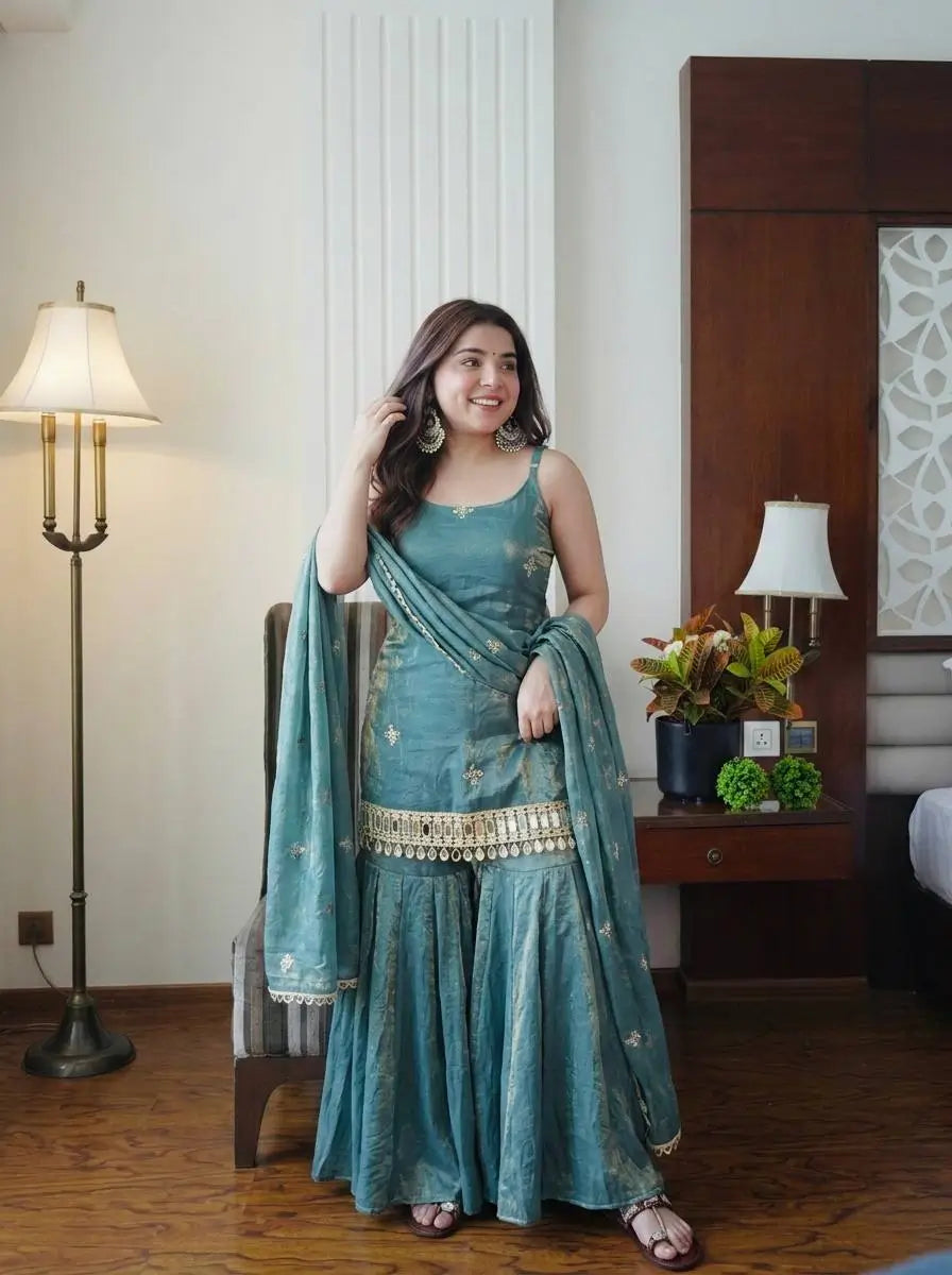 Designer Fendy Silk Mirror Work Sharara Set for Festive and Party Wear