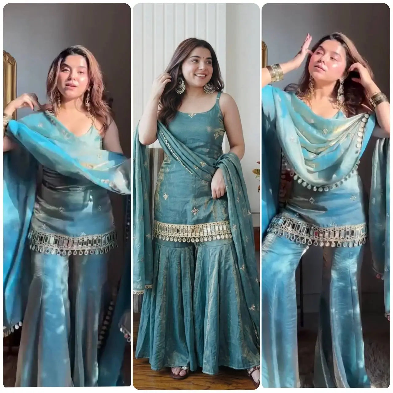 Designer Fendy Silk Mirror Work Sharara Set for Festive and Party Wear