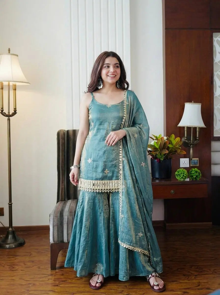 Designer Fendy Silk Mirror Work Sharara Set for Festive and Party Wear