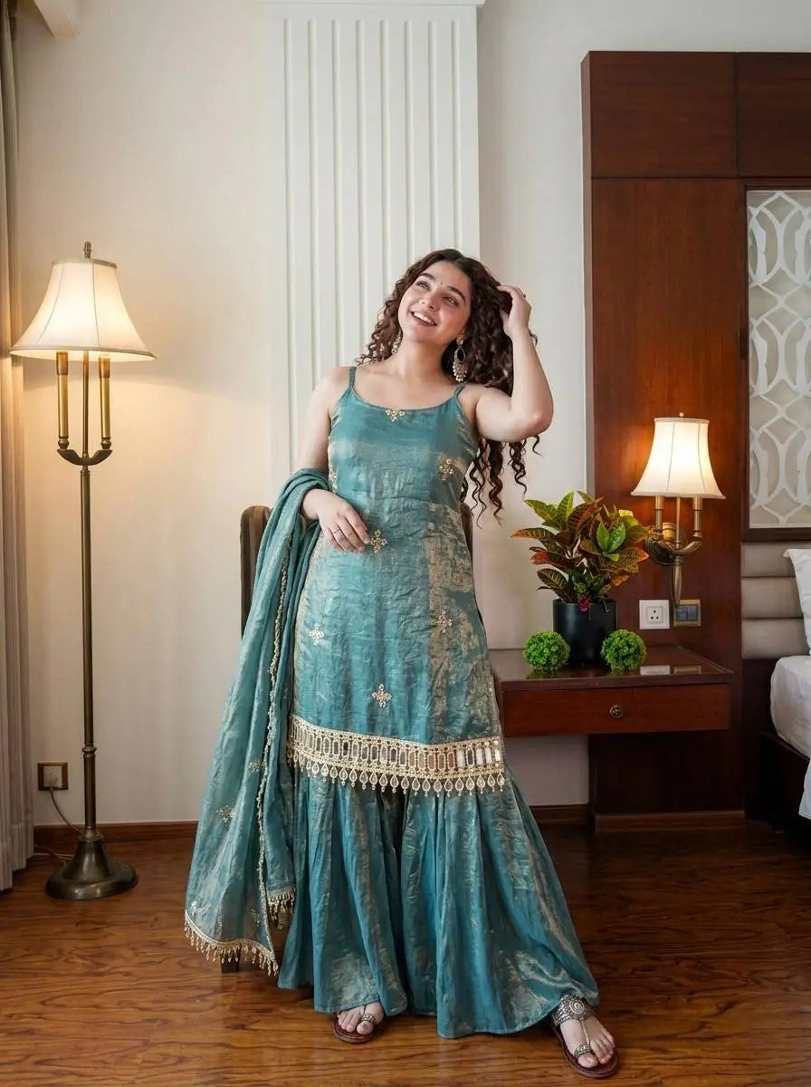 Designer Fendy Silk Mirror Work Sharara Set for Festive and Party Wear