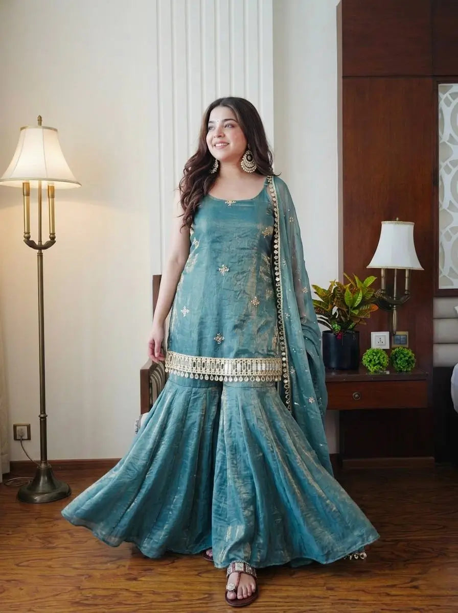 Designer Fendy Silk Mirror Work Sharara Set for Festive and Party Wear