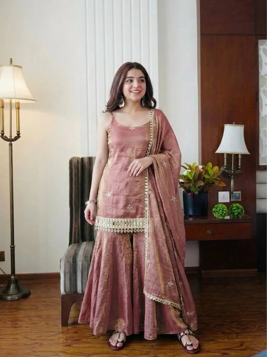Designer Fendy Silk Mirror Work Sharara Set for Festive and Party Wear