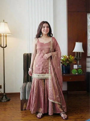 Designer Fendy Silk Mirror Work Sharara Set for Festive and Party Wear