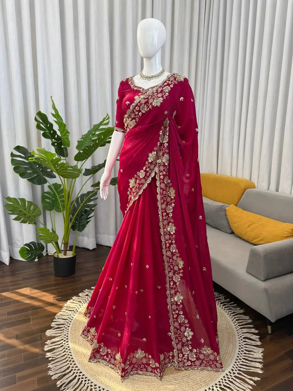 Designer Fendy Silk Saree with Heavy Beads & Sequins Work