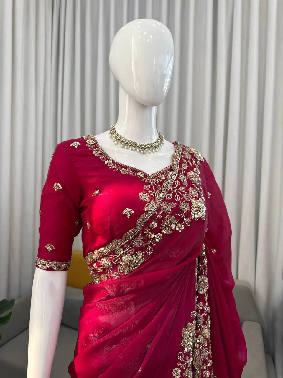 Designer Fendy Silk Saree with Heavy Beads & Sequins Work