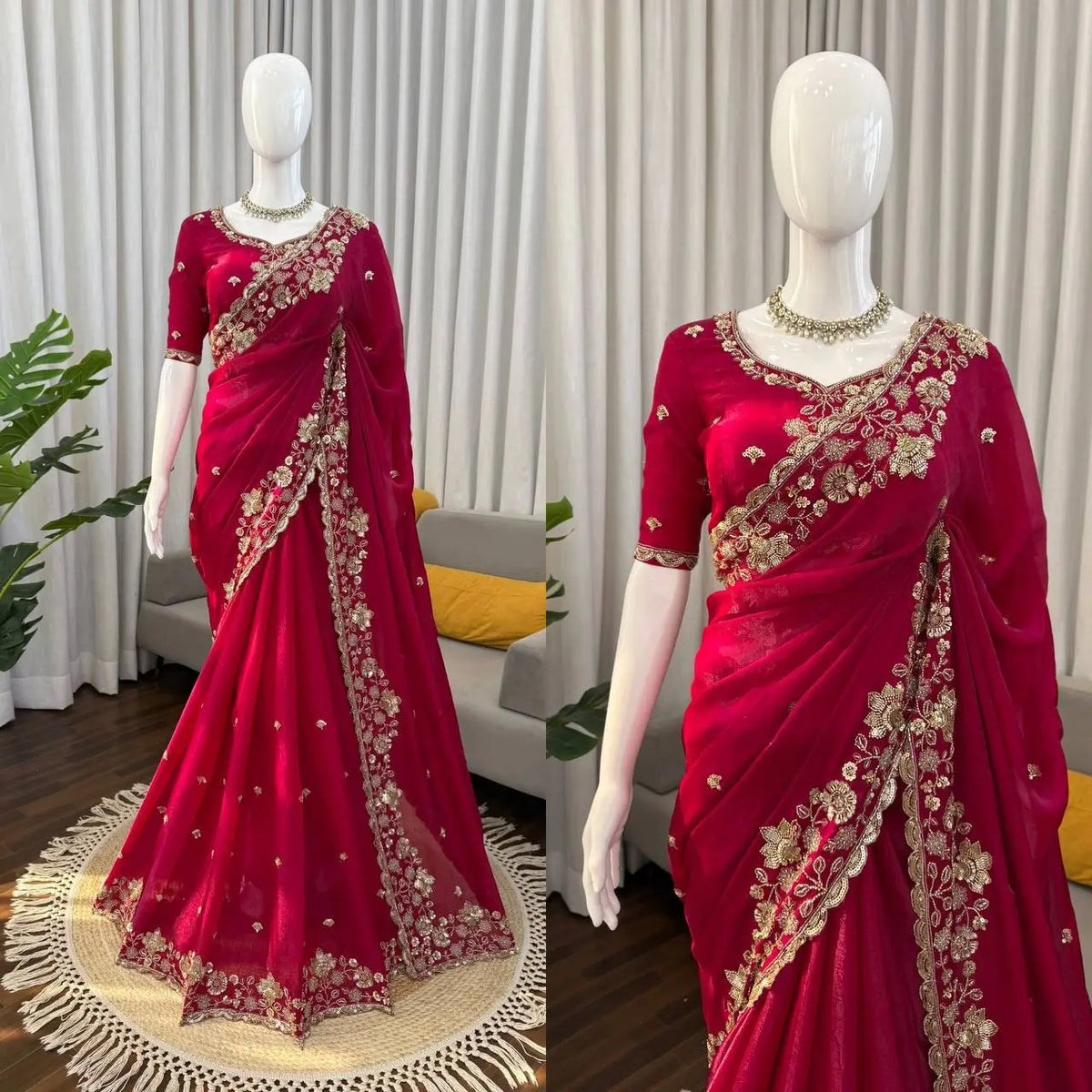 Designer Fendy Silk Saree with Heavy Beads & Sequins Work