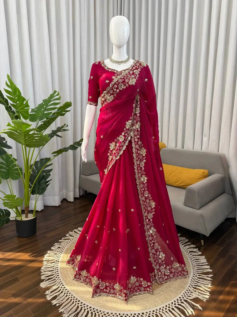 Designer Fendy Silk Saree with Heavy Beads & Sequins Work