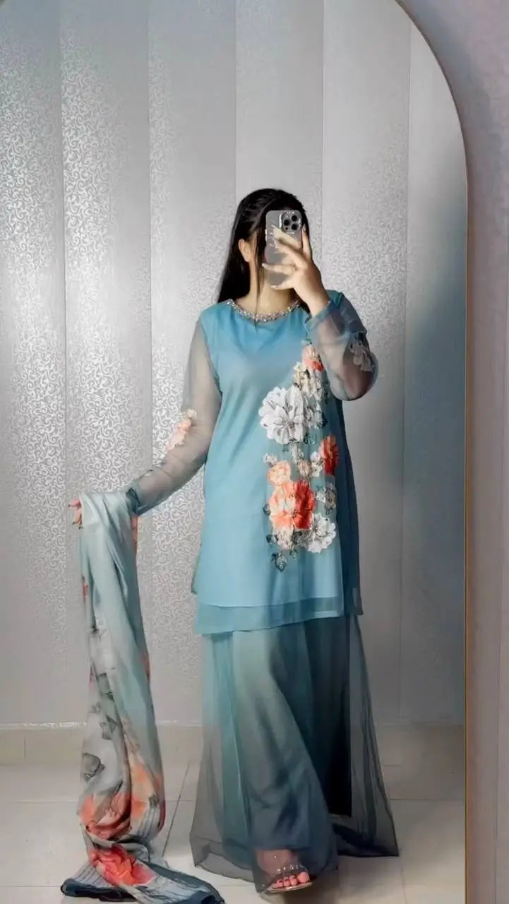 Designer Fox Georgette Digital Print Sharara Suit Set