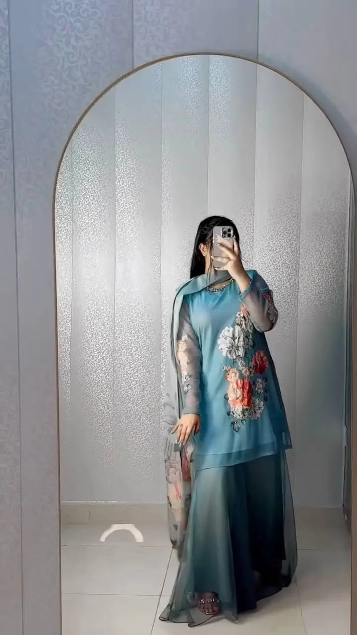 Designer Fox Georgette Digital Print Sharara Suit Set