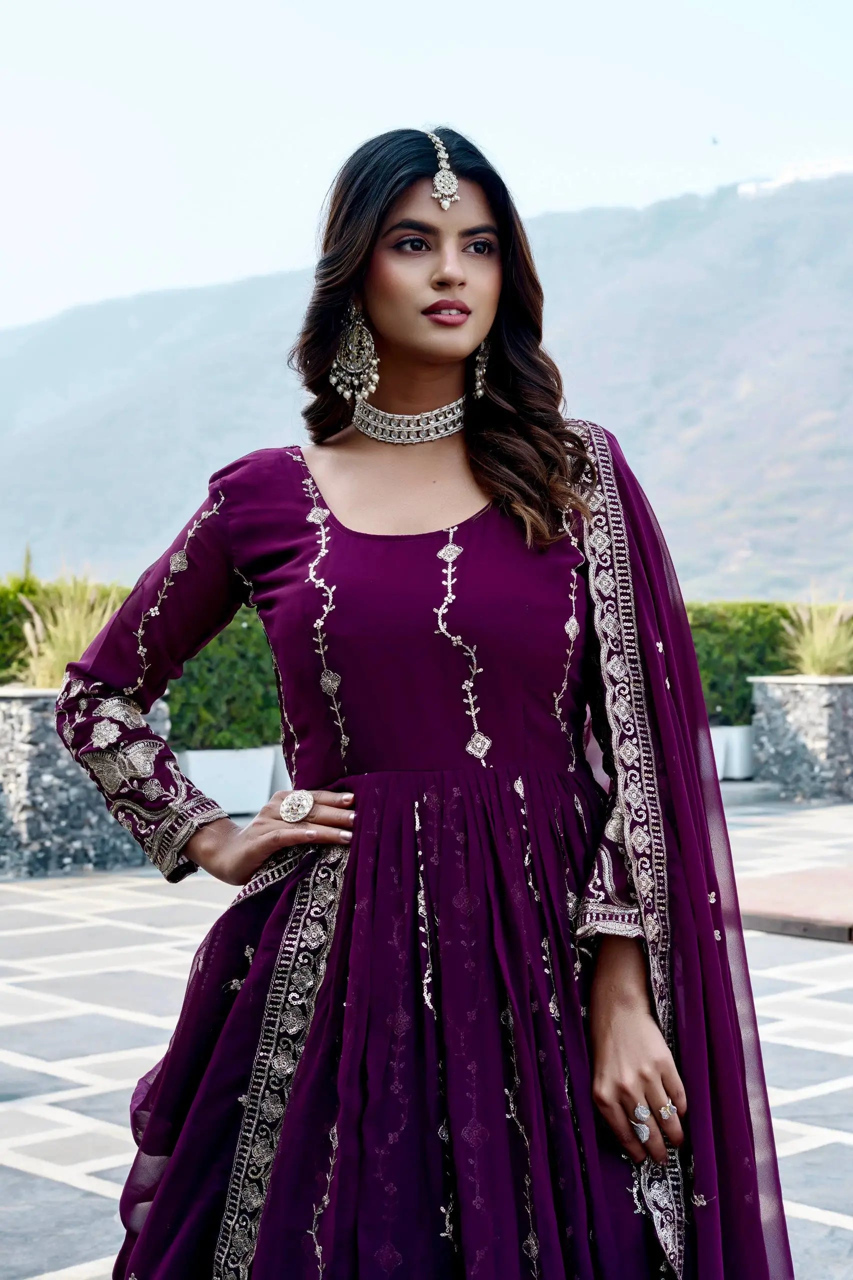 Designer Fox Georgette Embroidered Gown Set for Festive and Wedding Wear