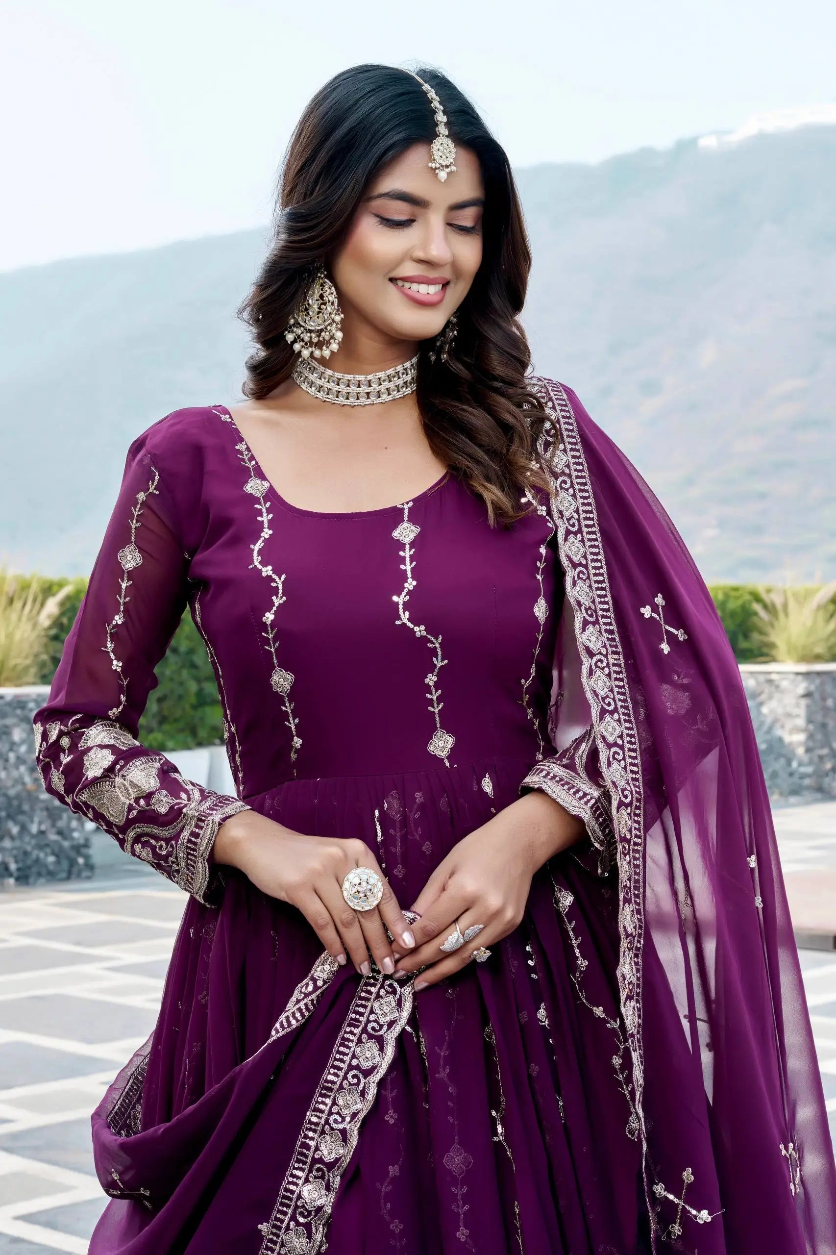 Designer Fox Georgette Embroidered Gown Set for Festive and Wedding Wear
