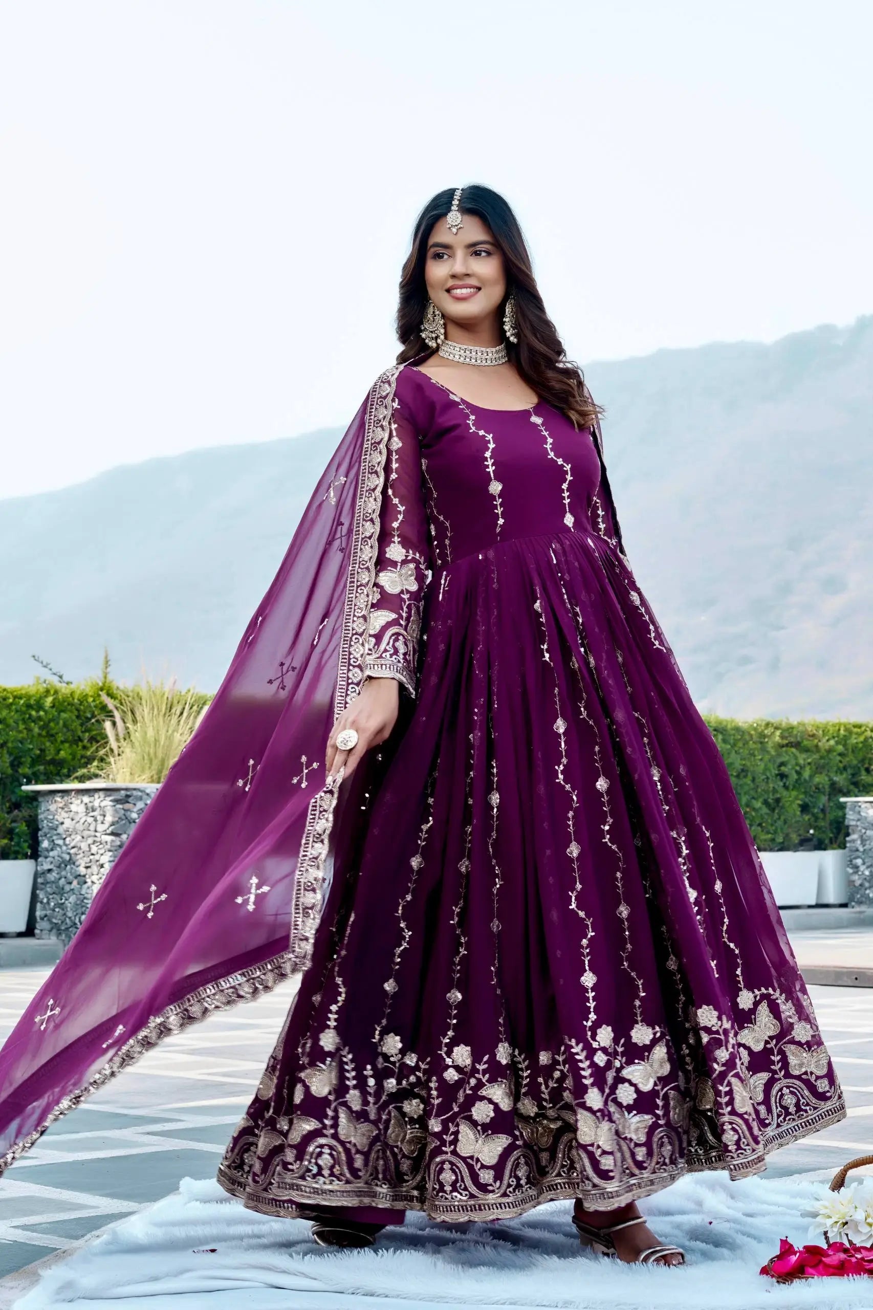 Designer Fox Georgette Embroidered Gown Set for Festive and Wedding Wear