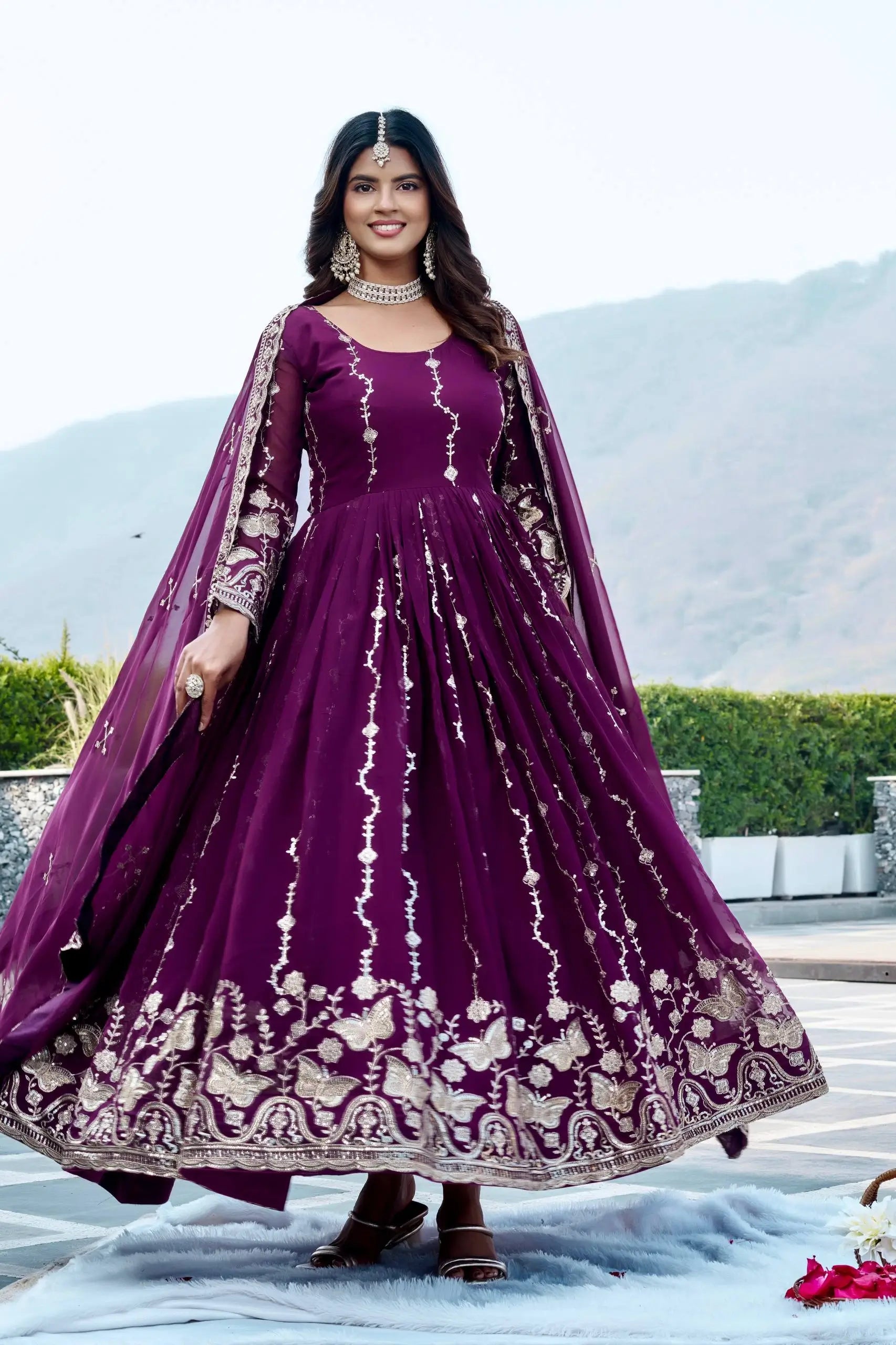 Designer Fox Georgette Embroidered Gown Set for Festive and Wedding Wear