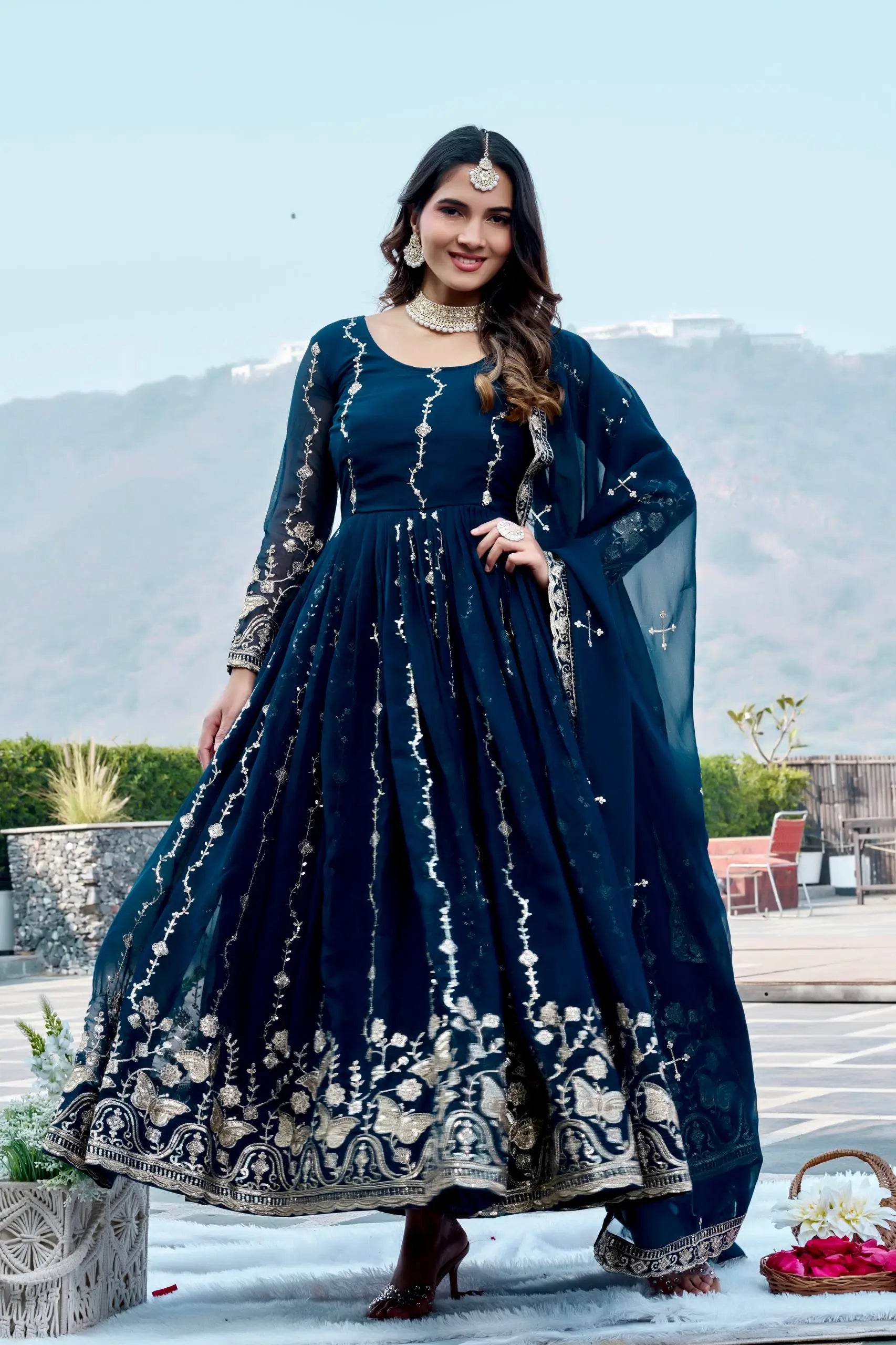 Designer Fox Georgette Embroidered Gown Set for Festive and Wedding Wear